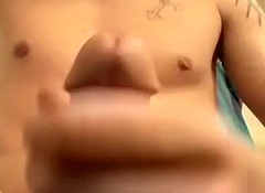 Horny Billy jerks big cock and blasts cum in the mirror