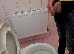 Uncut cock urinates on the abject toilet